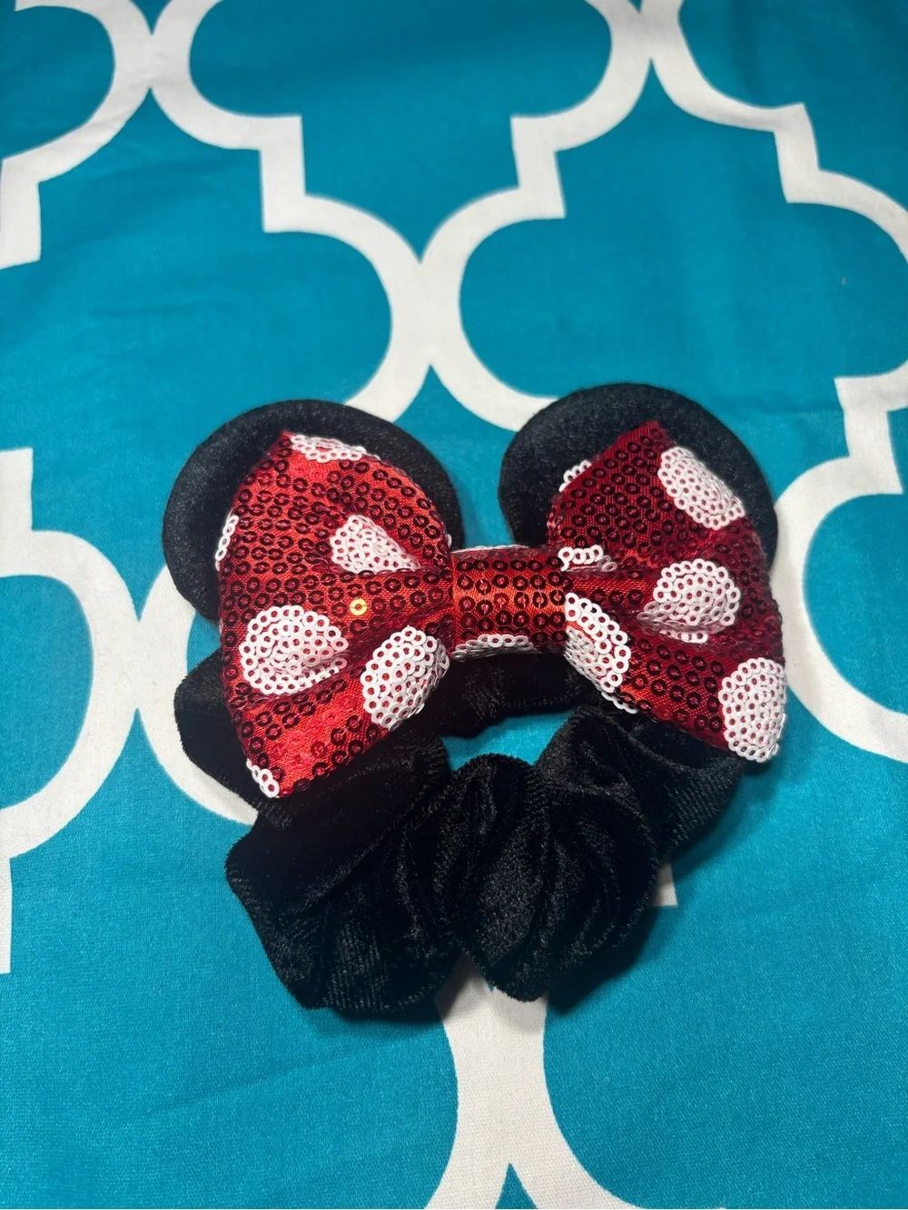 New Black Minnie Ear Scrunchie with Red Sequin Bow - Hair Accessories